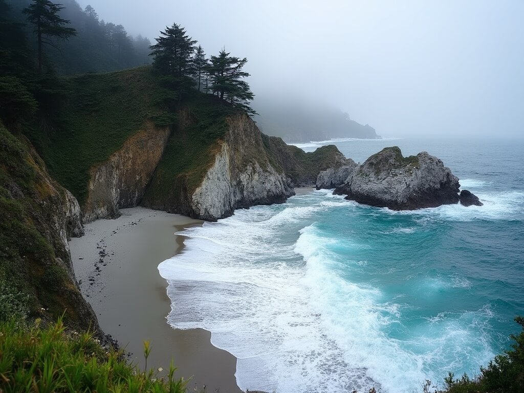 Dramatic image of McWay Falls at maximum volume cascading onto a beach, surrounded by lush green hills in Big Sur during May, with soft light accentuating waterfall's movement and vibrant spring landscape.