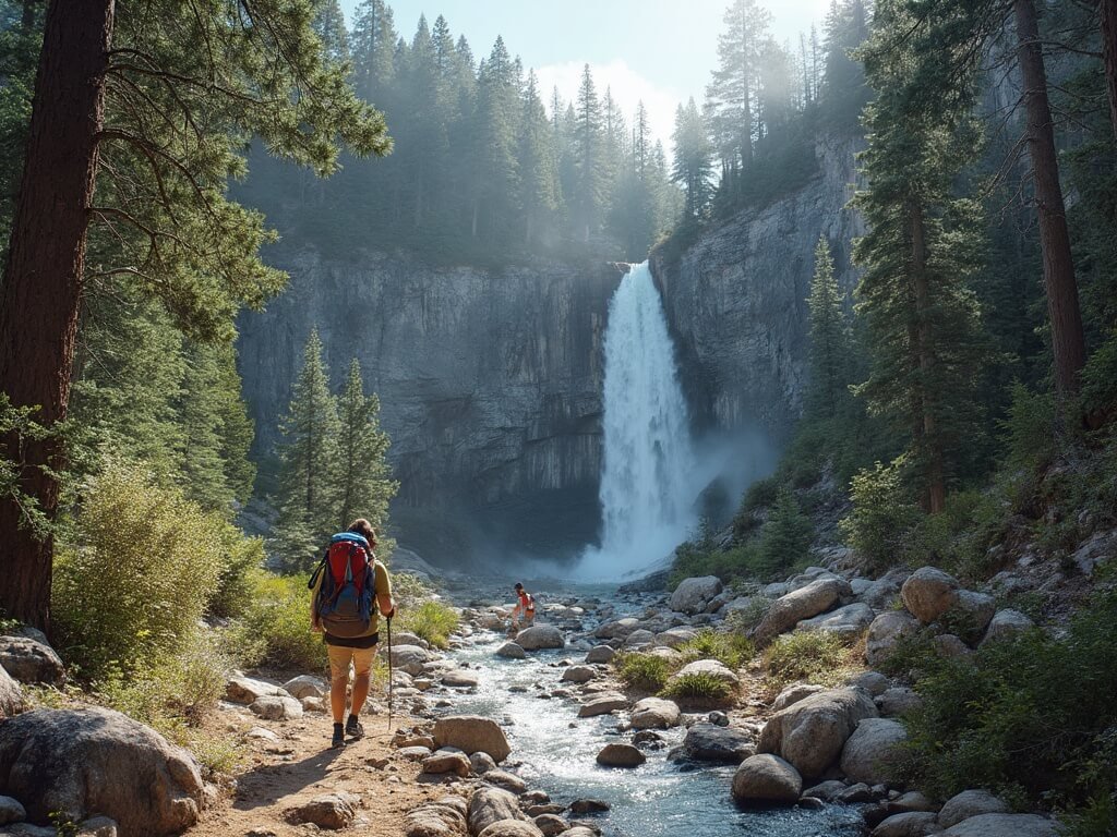 Lone hiker on the Mist Trail leading to Vernal Fall in late September, walking amidst intricate granite formations due to reduced water flow, in clear visibility and dry conditions.