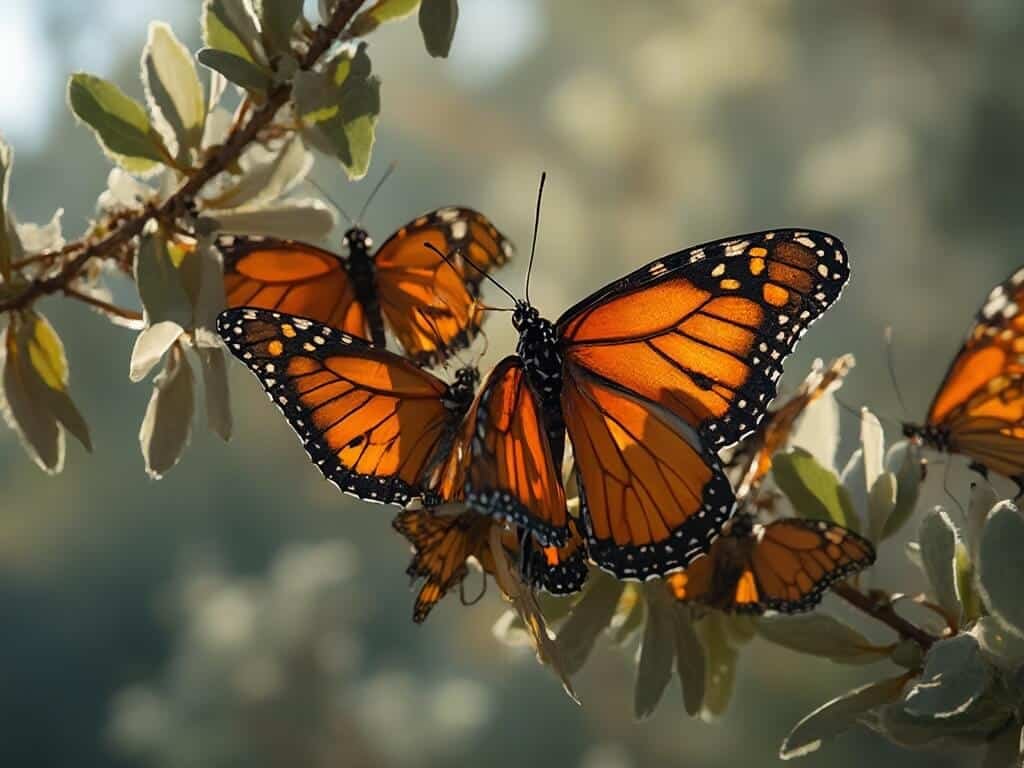 Monarch butterflies clustering on eucalyptus tree branch in soft winter light