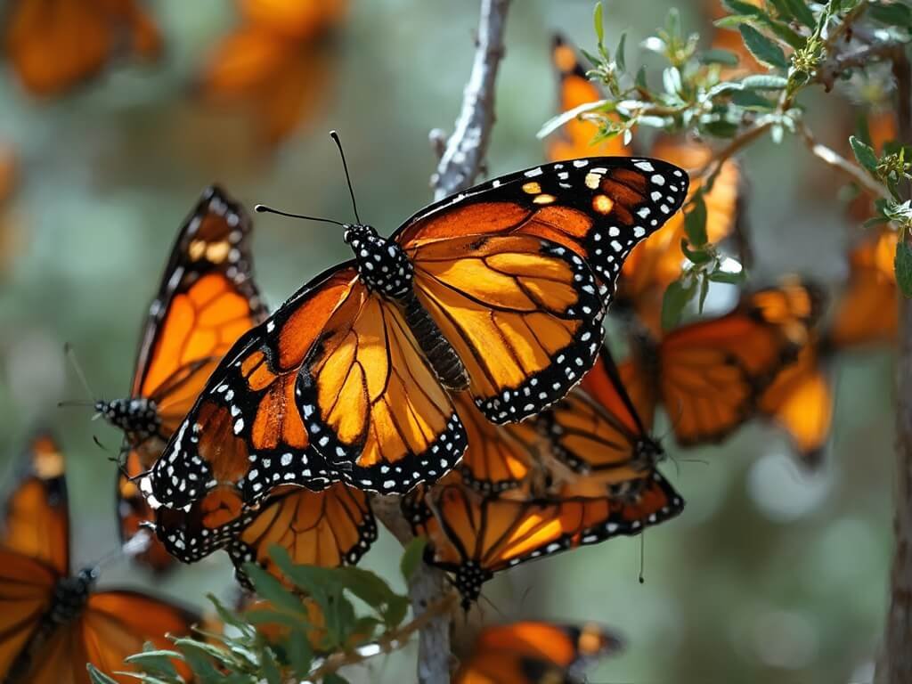 Monarch butterflies clustered on eucalyptus tree branches at Monarch Butterfly Grove, their orange and black wings highlighted by soft natural lighting