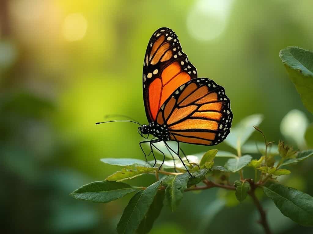 Monarch butterfly perched on eucalyptus leaf at Monarch Butterfly Grove, with intricate wing patterns, dappled sunlight and blurred green background