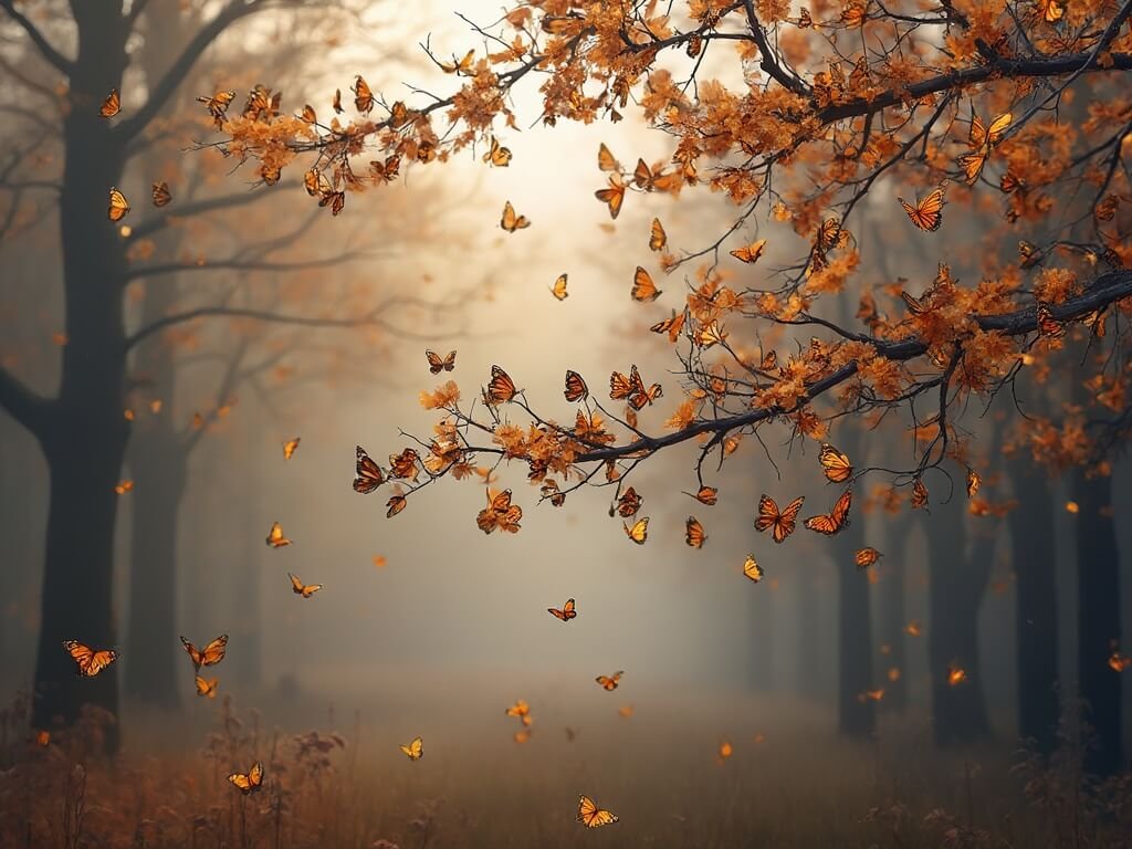Monarch butterflies clustering on tree branches in the Monarch Butterfly Grove during winter, bathed in soft morning light.