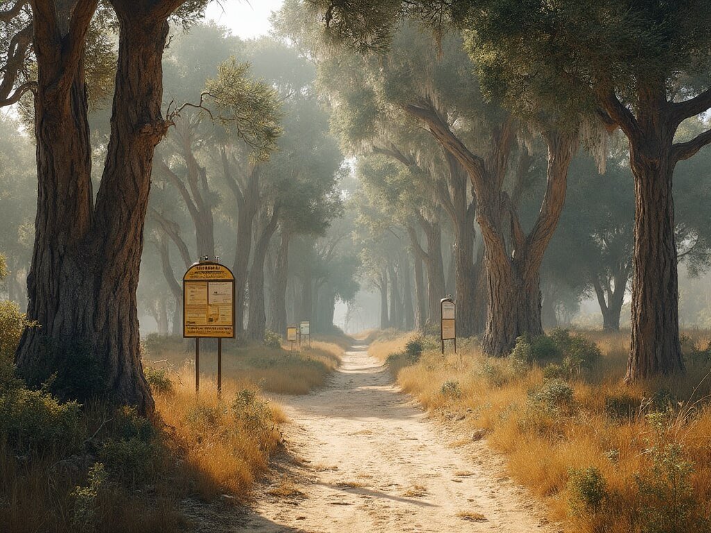 Empty Monarch Butterfly Grove in June with informational signs about butterflies, solitary tall eucalyptus trees, and soft morning light filtering through branches