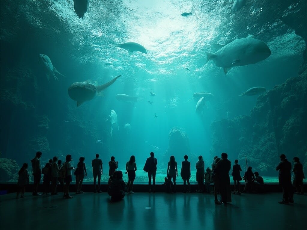 Visitors peacefully observing the intricate kelp forest exhibit at Monterey Bay Aquarium in a serene May setting