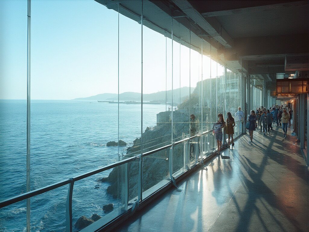 Visitors exploring Monterey Bay Aquarium's Ocean View Deck with architectural details and expansive blue ocean backdrop in soft mid-morning light