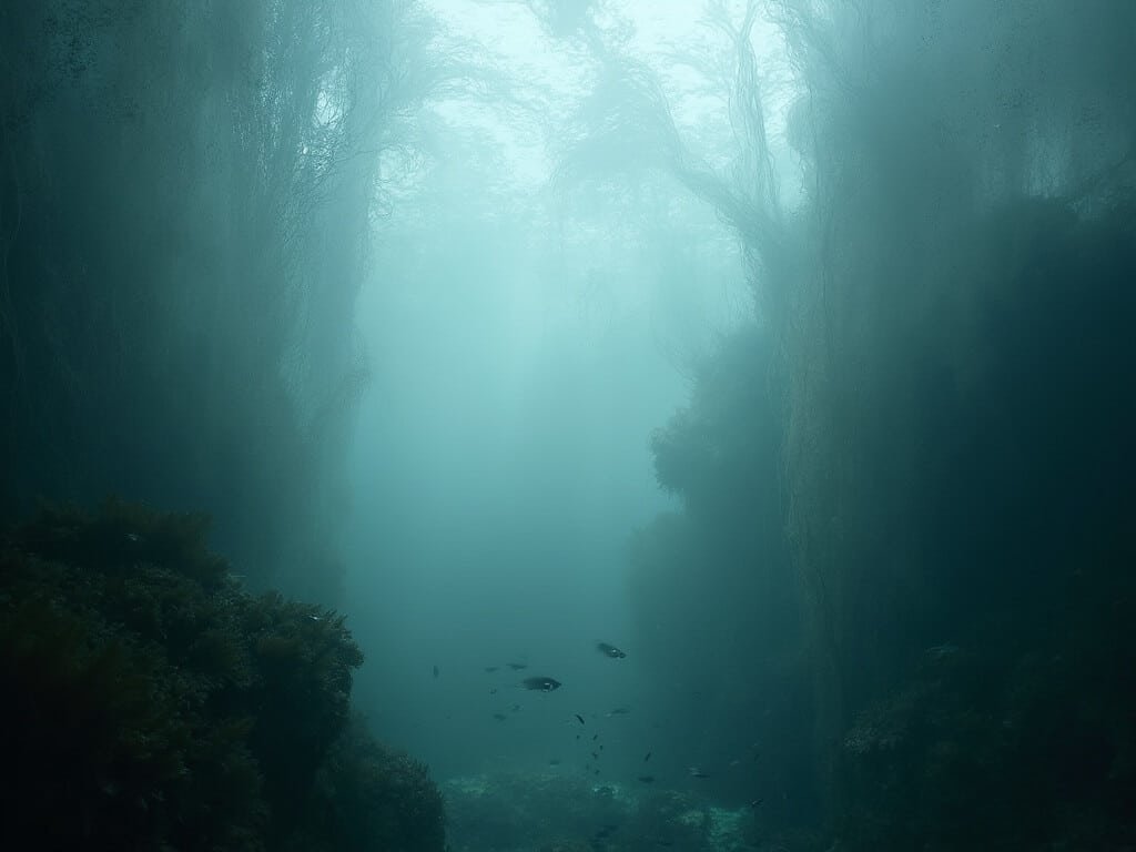 Dramatic winter fog rolling over Monterey Bay Aquarium's kelp forest exhibit in soft grey light