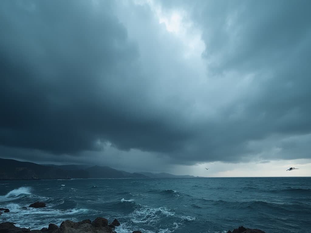 Dramatic storm clouds over Monterey Bay with contrasting deep blue and grey hues and a lone seabird flying over choppy steel-blue ocean
