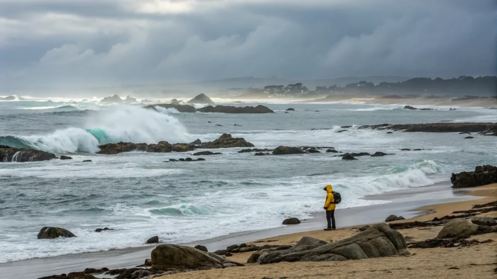 Why Monterey in January Might Be Your Best-Kept Travel Secret (If You Pack Right) "Lone figure observing sea otters in stormy Monterey Bay with crashing waves, mist from the Pacific Ocean, overcast skies and winter sunlight illuminating the surf, in a photorealistic style"