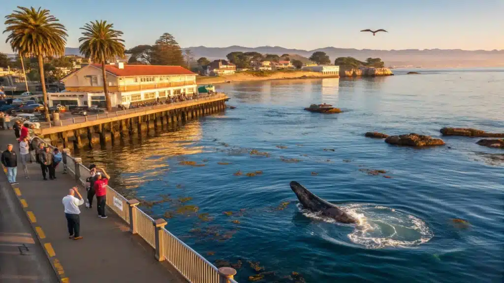 Why Monterey in September Might Be Your Best-Kept California Secret (And What Everyone Gets Wrong About It) "Humpback whale breaching in Monterey Bay with historic Cannery Row in afternoon sunlight, sea otters near kelp beds, tourists on pier, under clear blue September sky, shot from elevated oceanside perspective"