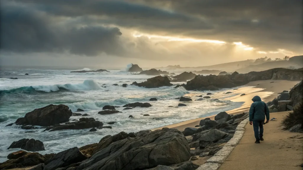 "Lone figure walking along the stormy Monterey Bay coast in December with golden hour light breaking through overcast skies"