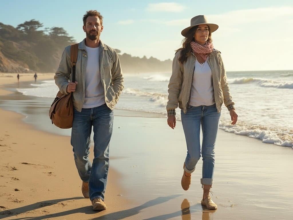 Traveler at Monterey beach dressed in layered clothing with jeans, t-shirt, jacket, and scarf depicting temperature variations in August
