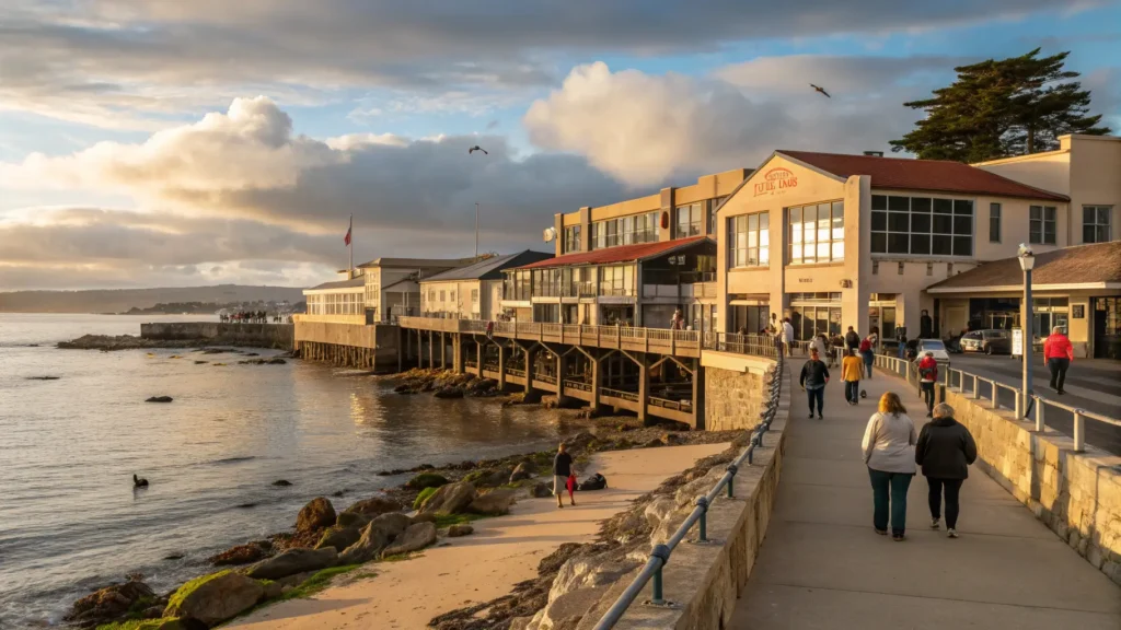 "Scenic autumn view of Monterey's Cannery Row waterfront with historic buildings, tourists, calm Pacific Ocean, Monterey Bay Aquarium in the background, and sea otters in kelp beds in soft afternoon light"
