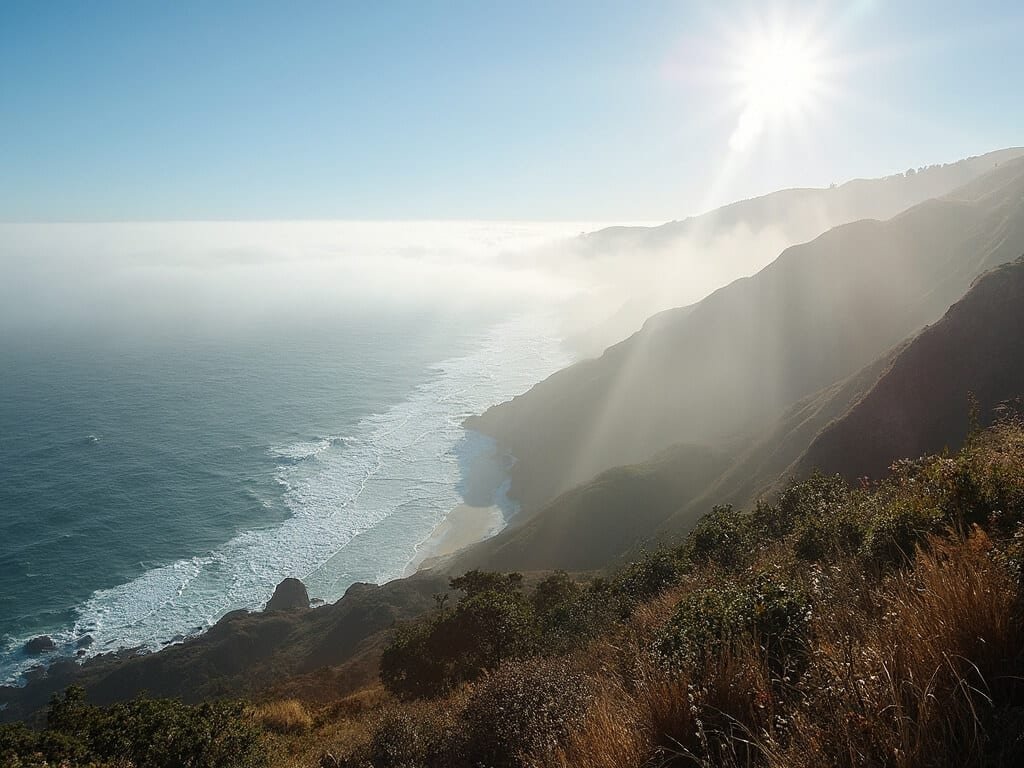 Dramatic temperature gradient showing contrast between foggy Monterey coast and sunny Carmel Valley, highlighting microclimatic diversity