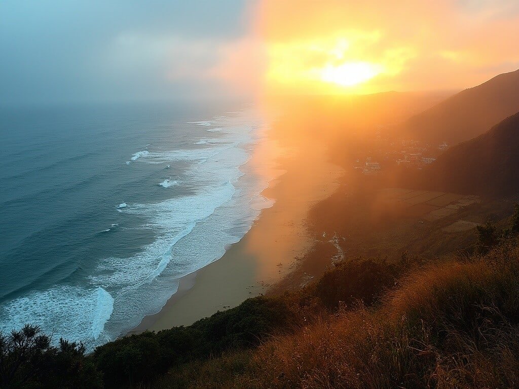 Split-frame landscape photograph illustrating temperature transition between the misty cool terrain of coastal Monterey and the sun-drenched warmth of inland Carmel Valley