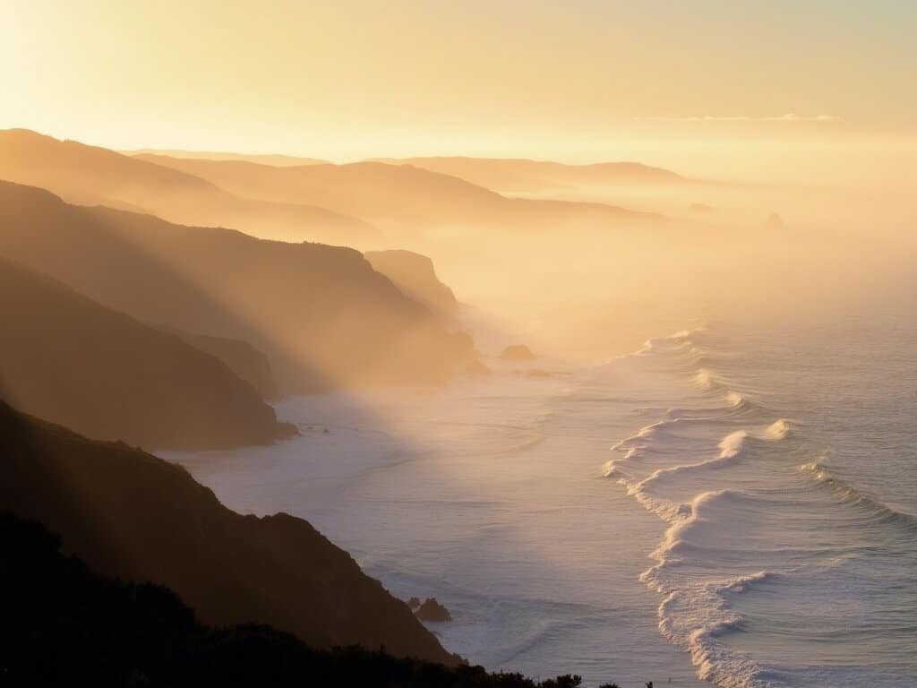 Golden morning light revealing Monterey coastline with lifting mist and calm ocean waves