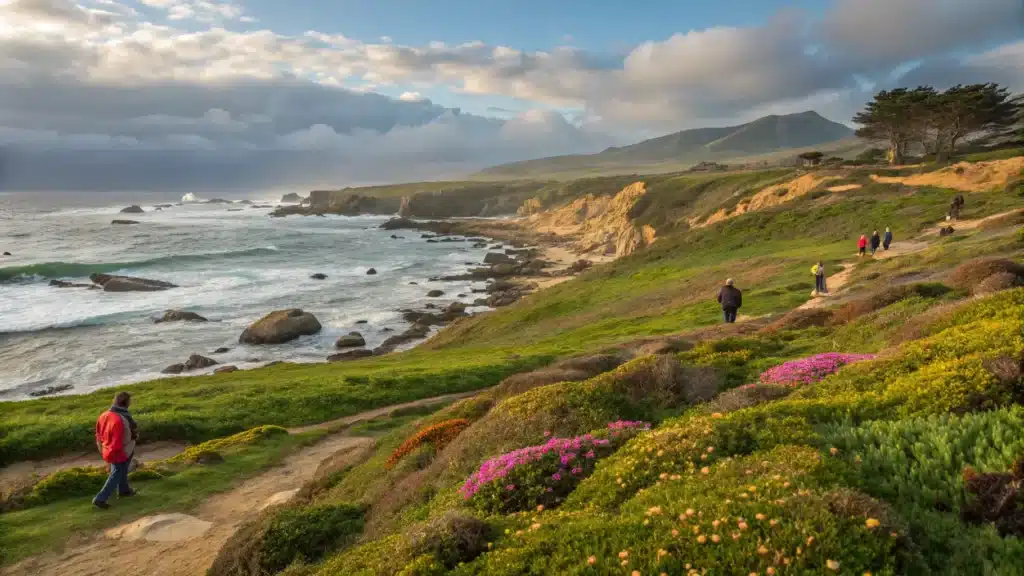 Why Monterey in May Might Be Your Best Decision This Year (And What Nobody Tells You About the Weather) "Tourists enjoying Monterey's breathtaking coastline view during golden hour, with emerald green hills decorated with wildflowers, crashing waves on the rugged Pacific coast, and visible sea lions on coastal rocks under partly cloudy skies."
