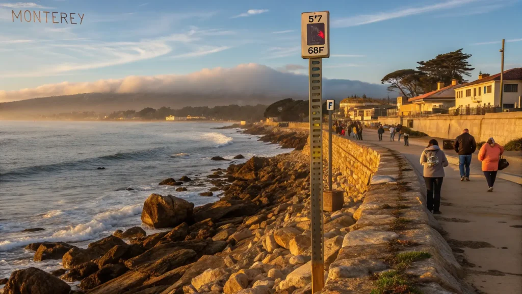 "Tourists exploring Cannery Row along Monterey's rocky shoreline during golden hour, with autumn's warm amber lighting, layered fog over distant hills, and calm ocean waters in a unique microclimate at 68°F"