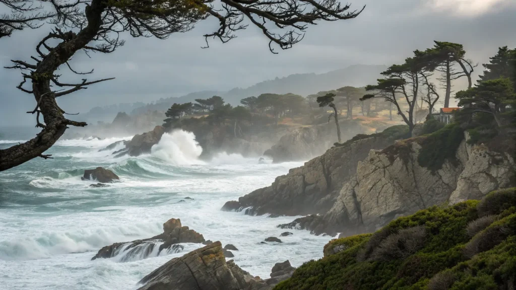 Why Monterey in February Is the Smartest Trip You'll Book This Year (And What Nobody Tells You About the Weather) "Moody coastal scenery in Monterey with silhouetted cypress trees, crashing waves against cliffs, monarch butterflies in eucalyptus trees, winter light and mist, Point Lobos State Reserve aesthetic, hiking trail, and green winter vegetation, in a photorealistic nature photography style"