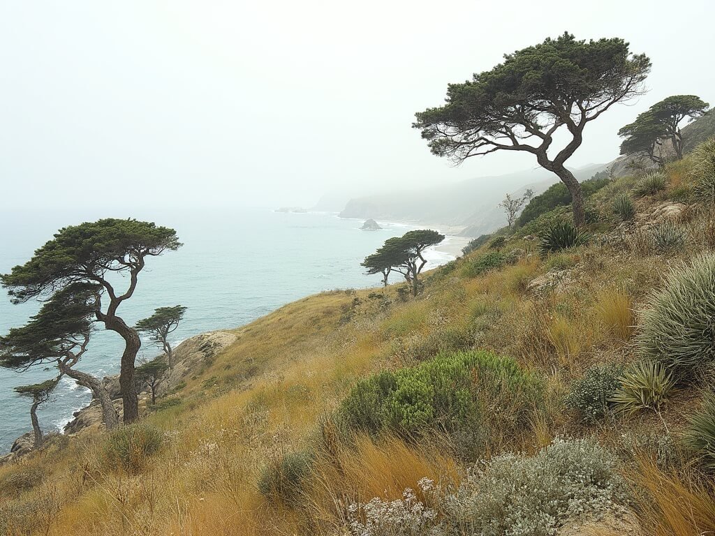 Botanical composition of Monterey's coastal microclimate featuring cypress trees, succulents, and coastal grasses with landscape layers revealing unique plant geography