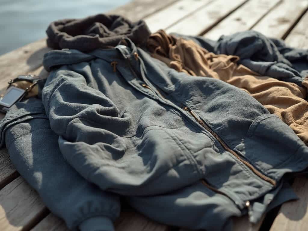Close-up of layered winter clothing including waterproof jacket, light sweaters, long-sleeve shirts, scarf and gloves neatly arranged on a weathered wooden surface under soft coastal light
