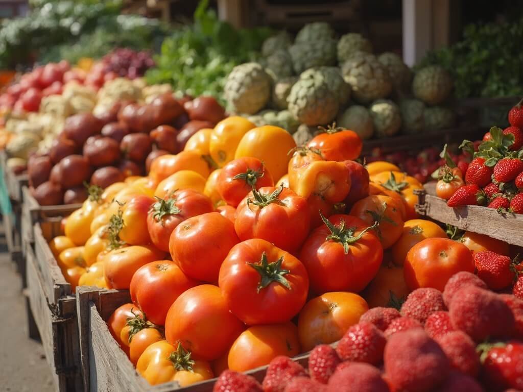 Colorful display of fresh produce including heirloom tomatoes, artichokes, and strawberries at a Monterey farmers market during peak harvest season