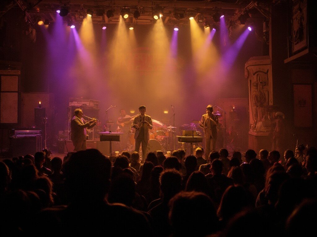 Musicians performing at the Monterey Jazz Festival under soft stage lighting in a vintage-style venue with a warm, golden ambiance