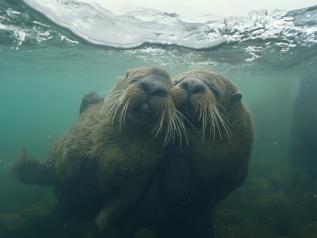 Sea otters and harbour seals swimming in the kelp-rich waters off the Monterey coast, highlighting the marine ecosystem's biodiversity
