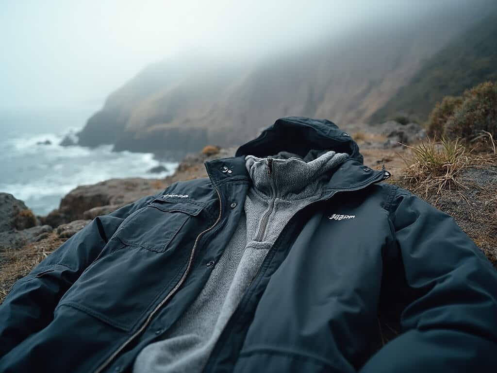 Layered clothing ensemble displayed against misty Monterey coast with whale watching point and rocky shoreline in soft morning light