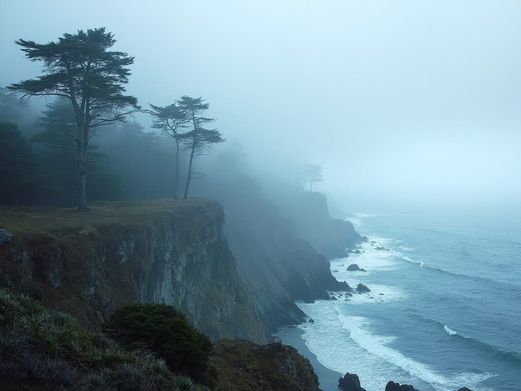 Monterey Peninsula landscape in mid-afternoon with fog dispersing, revealing wind-whipped trees and dramatic coastline in cool blue and gray tones, symbolizing its unique climate