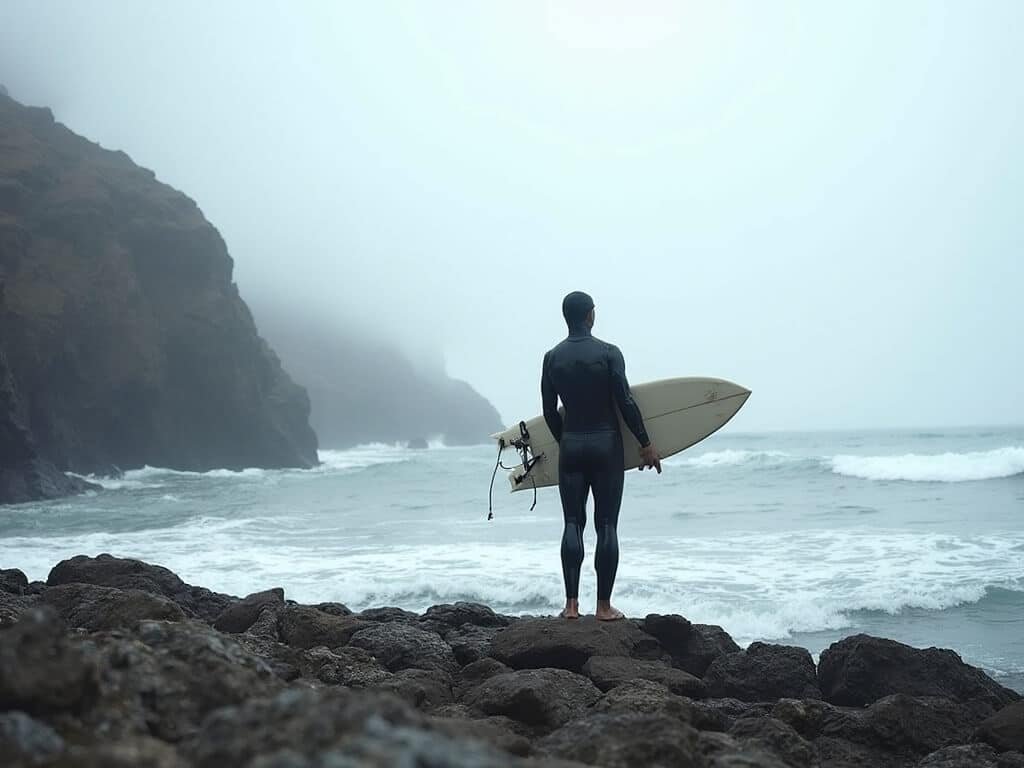 Local surfer in thick wetsuit on rocky shoreline of Point Lobos State Reserve, overlooking foggy Pacific Ocean, embodying Monterey's chilly June maritime environment