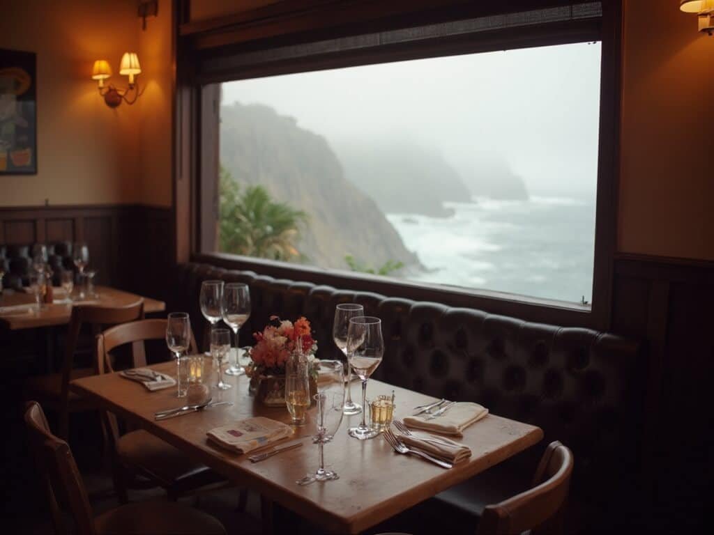 Interior of a cozy restaurant in downtown Monterey in January, with soft lighting, set table near a window showing misty coastal views, wine glasses and a seasonal menu, highlighting the tranquil off-season dining experience.