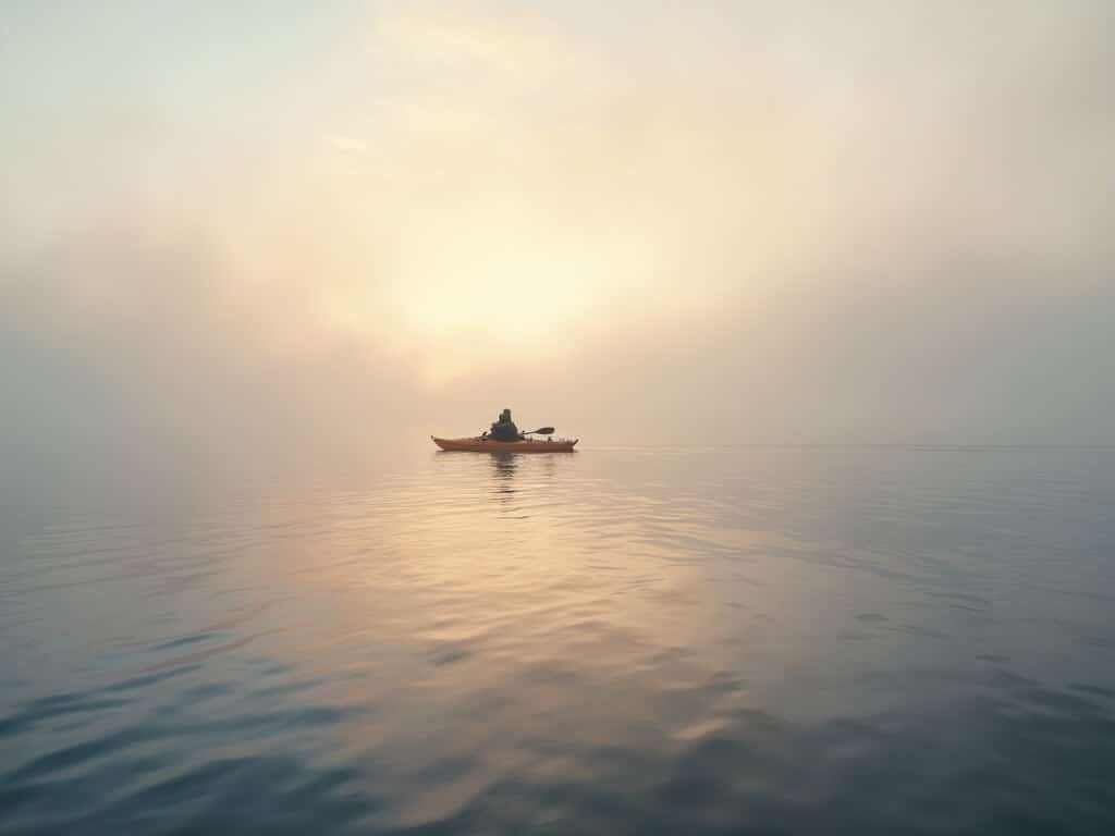 Solitary kayaker on Monterey coast during winter morning, surrounded by low marine fog under soft golden sunrise