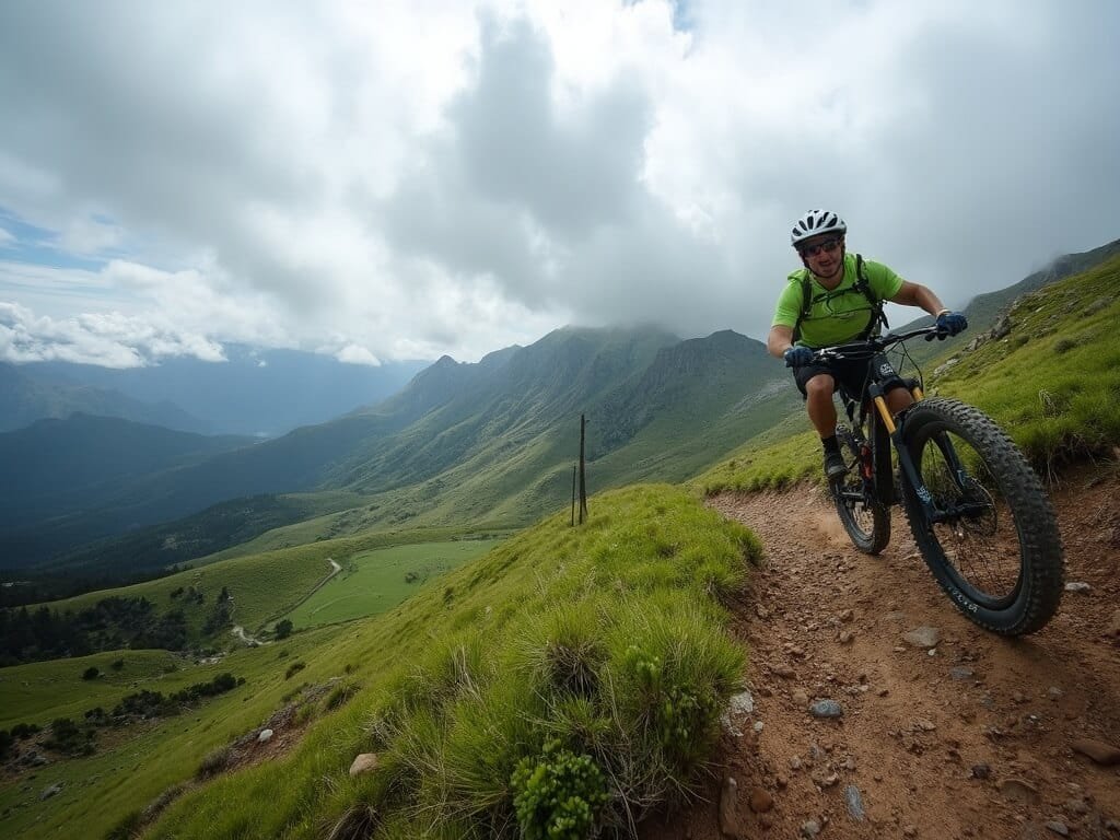 Mountain biker traversing scenic trail near Mount Hamilton under dramatic clouds, showcasing vibrant March greenery in California landscape