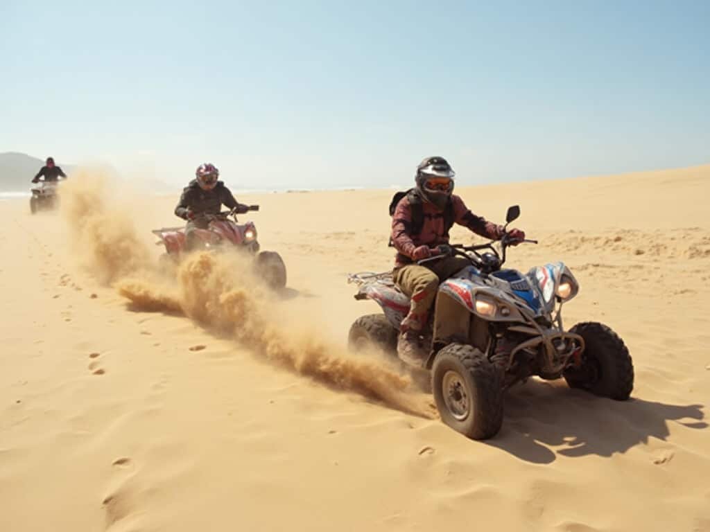 ATV riders speeding across the sandy Oceano Dunes, sand flying from tires, under a vast coastal landscape