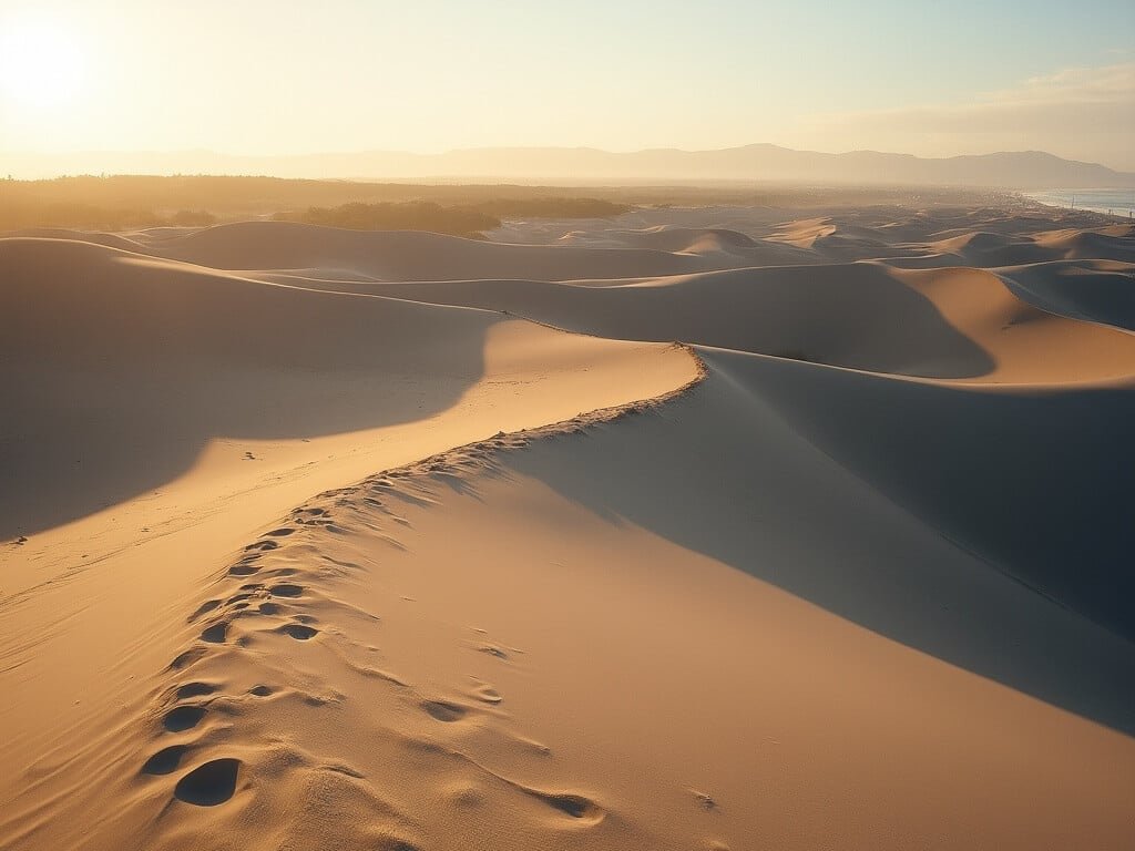 Golden hour view of Oceano Dunes with long shadows on textured sand and distant coastal landscape in November colors