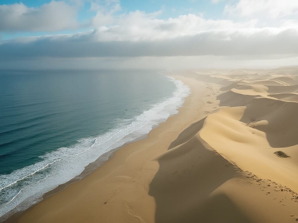 Dramatic morning view of Oceano Dunes meeting the Pacific Ocean with long shadows over sand formations and cloud patterns in the sky