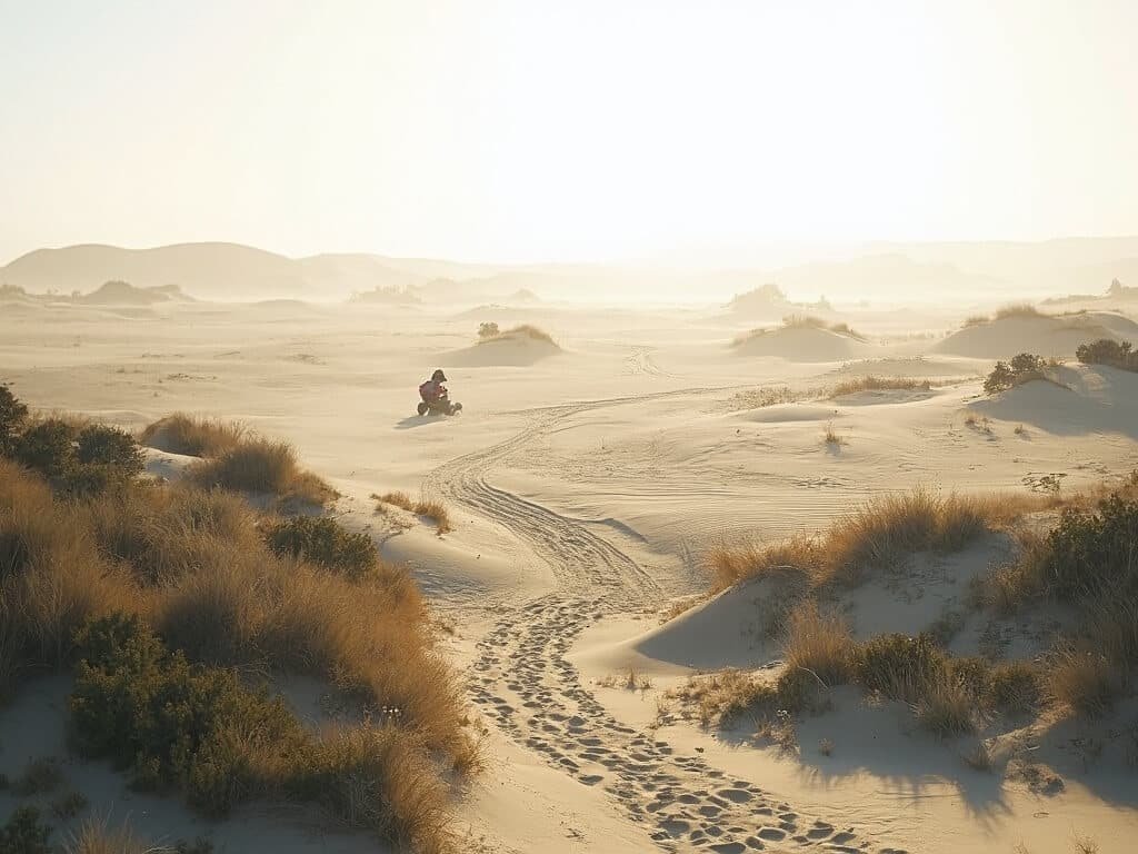 Winter landscape of Oceano Dunes Natural Preserve with green vegetation, textured shadows on dunes, and a distant ATV rider