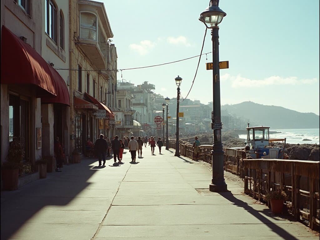 Casual tourists strolling on uncrowded sidewalks at Cannery Row in October showcasing the relaxed atmosphere, historical buildings, and ocean backdrop