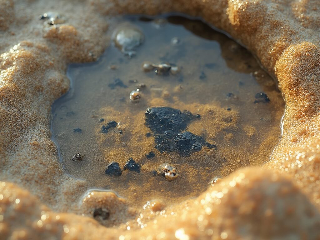 Close-up of a vibrant tide pool with diverse marine life, reflecting autumn sunlight, during low tide in October