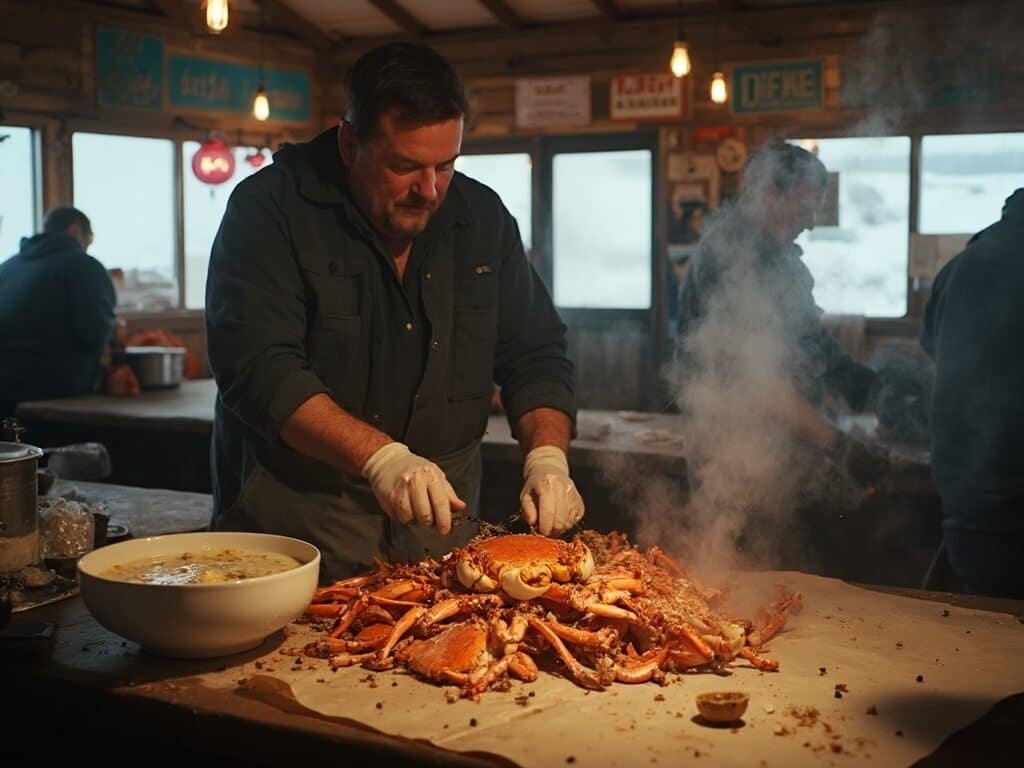 Local fisherman cracking fresh Dungeness crab at a paper-covered table, with steaming clam chowder nearby in Pismo Beach restaurant, under warm, intimate lighting