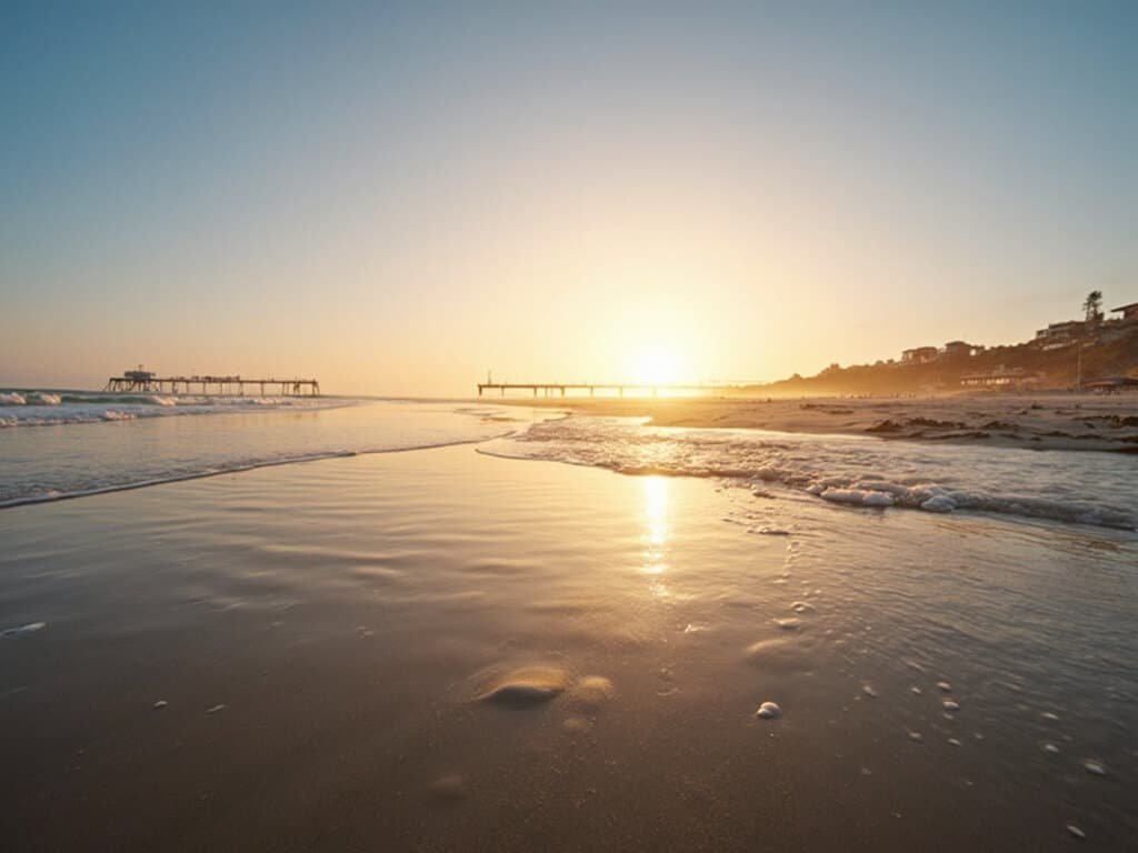 Pismo Beach at golden hour with ripples on the sand, warm light illuminating coastline and distant pier, reflecting serene November coastal atmosphere