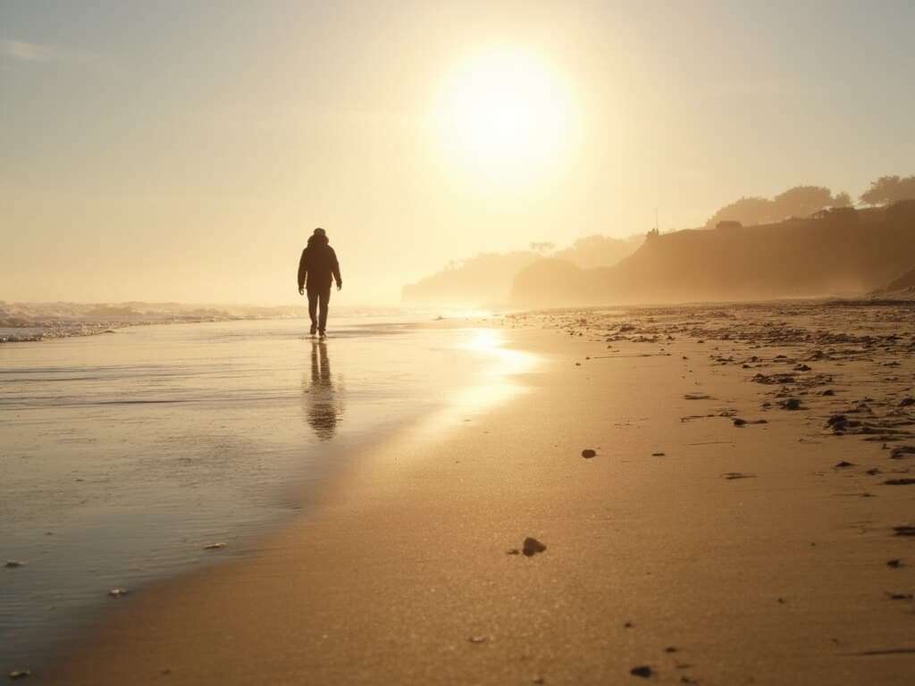 Lone figure walking on Pismo Beach during golden hour in December with soft winter sunlight and distant monarch butterfly trees
