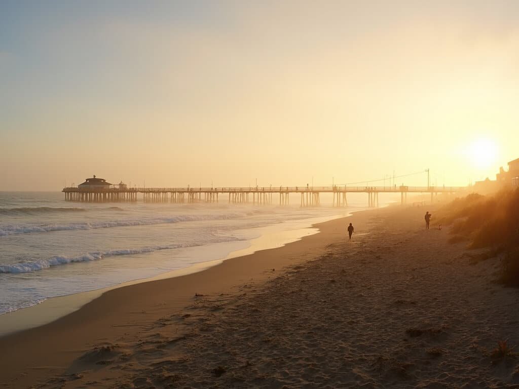 Pismo Beach at golden hour in October with soft light on sandy beach, pier stretching into minimal waves, and sparse crowds