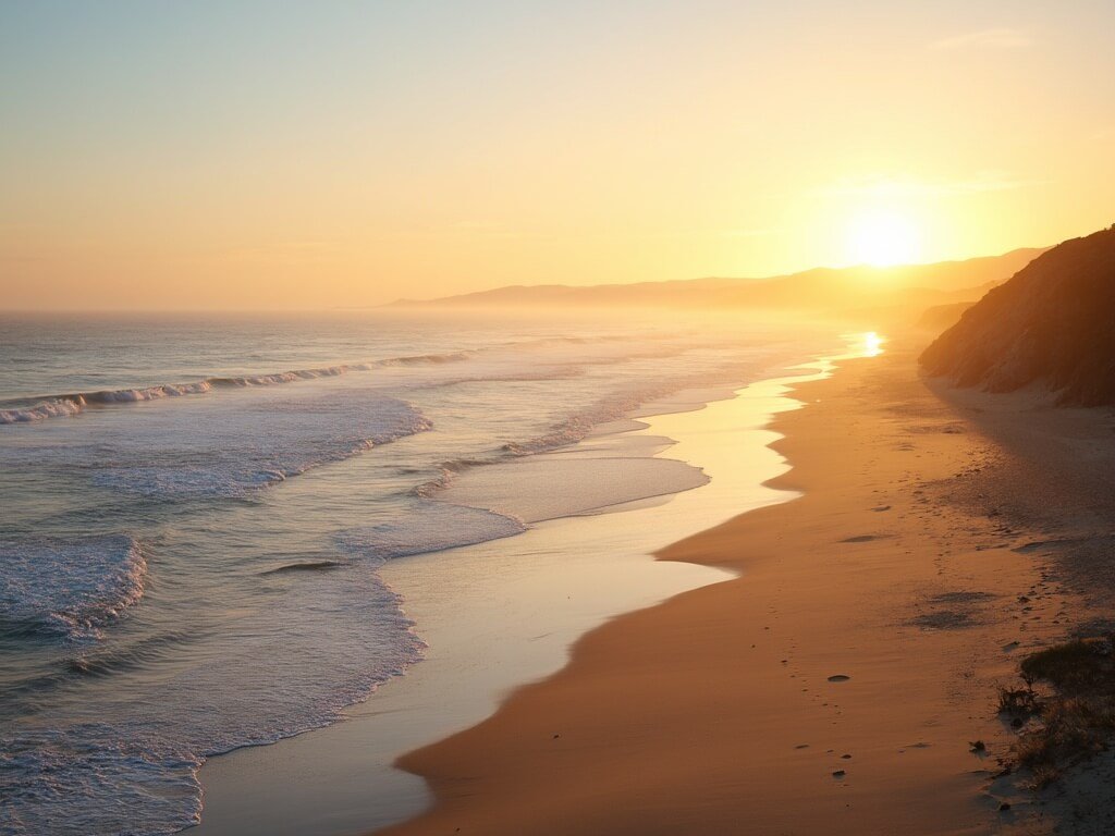 Serene Pismo Beach coastline during golden hour in September with warm light on sandy shores and clear, gentle waves, emphasising a peaceful atmosphere with few people present.