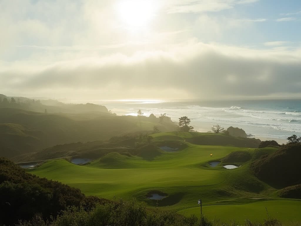 Early morning view of Pismo Beach Golf Course with lush green fairways, distant ocean and soft marine layer creating a dreamy landscape
