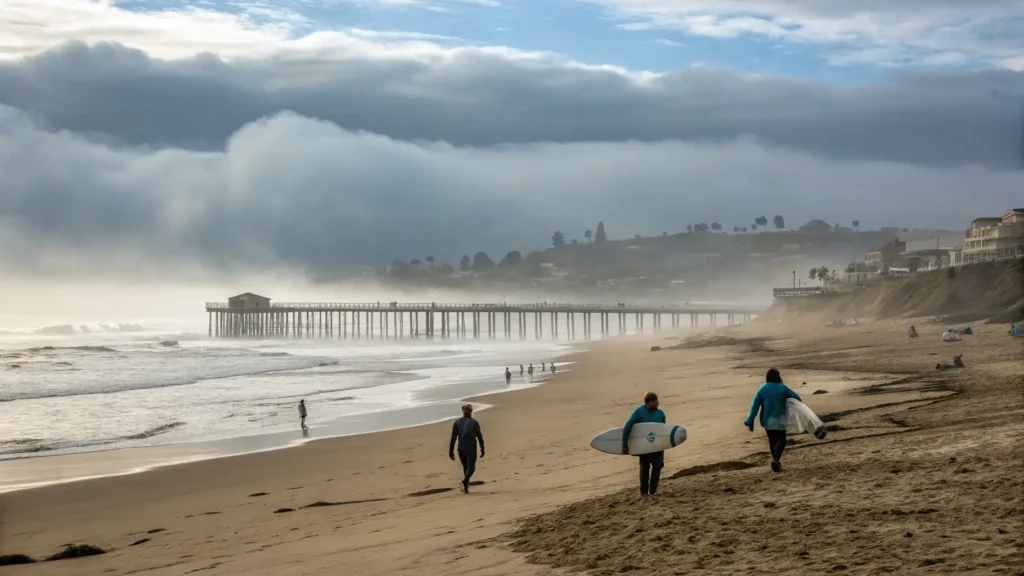Why Pismo Beach in June Might Surprise You (And What Nobody Tells You About the Crowds) "Foggy Pismo Beach morning with beachgoers and surfers, obscured Pismo Beach Pier, and sunlight breaking through haze, in 8K quality coastal California photography style"