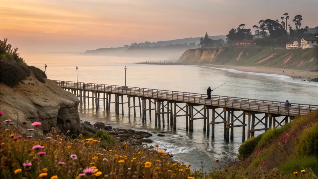 Why Pismo Beach in March Might Be Your Best Decision This Year (And What Nobody Tells You About Visiting) "Early morning at Pismo Beach with empty pier, lone fisherman, reflective sunset colors, eucalyptus trees with monarch butterflies, tide pools with sea anemones and starfish, blooming wildflowers, coastal fog, rocky cliffs of Shell Beach, and serene coastal atmosphere."