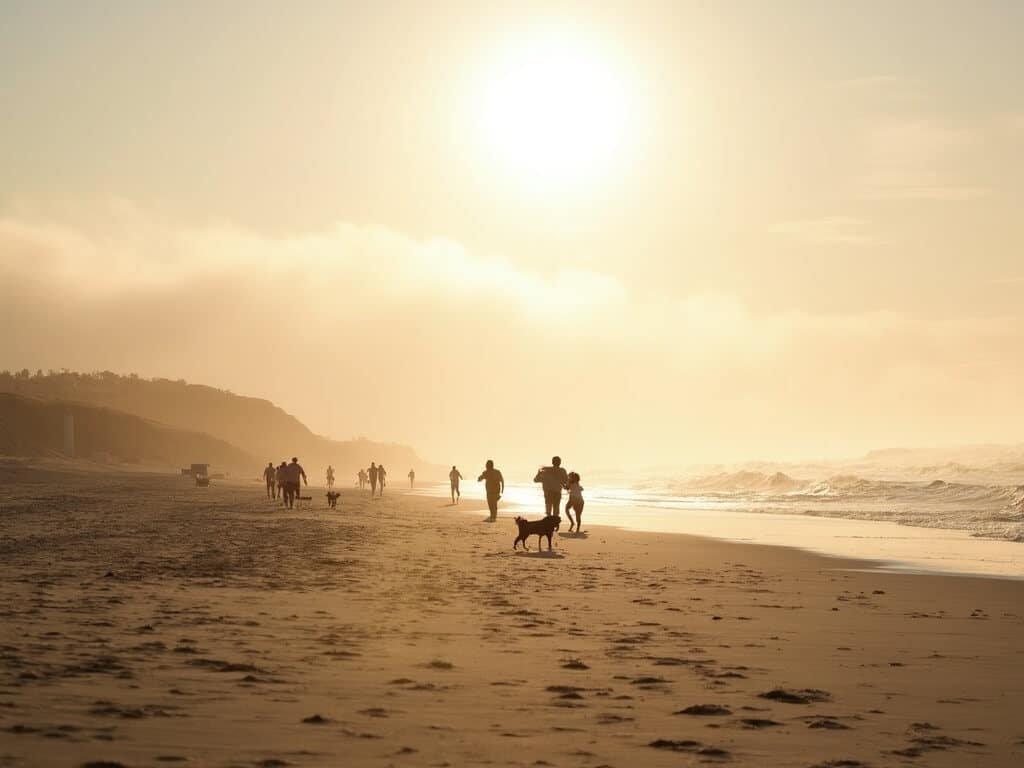 Early morning at Pismo Beach with golden sunlight, dog walkers and joggers, calm ocean reflecting the sky, and dissipating marine layer