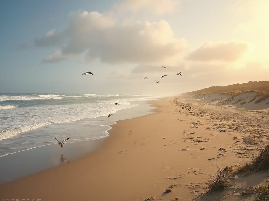 Golden-hour view of Pismo State Beach showcasing sandy coastline, diving brown pelicans, soft clouded sky, distant sand dunes, and coastal vegetation.