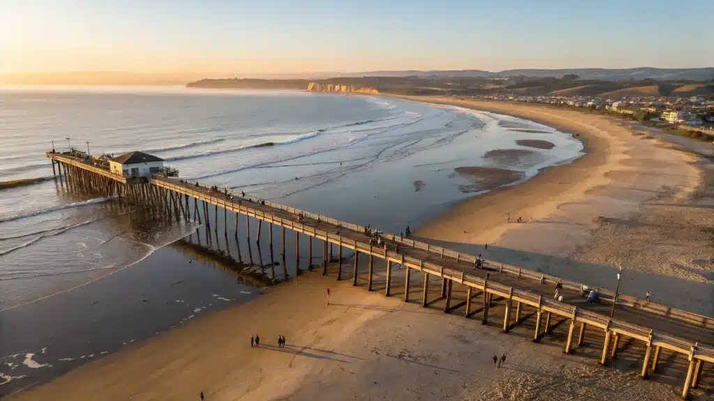 Why Pismo Beach in October Might Be Your Best Decision This Year (Before Everyone Else Figures It Out) "Aerial view of Pismo Beach's wooden pier extending into the Pacific Ocean at sunset, scattered beachgoers, visible tide pools, rolling sand dunes, people fishing, empty beach blankets, and clear Central California coastline"